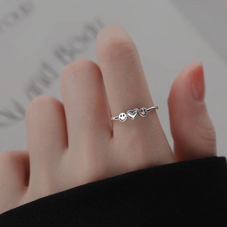 s925纯银复古笑脸爱心戒指女ins