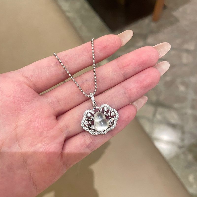 S925纯银祥云如意平安锁项链长命锁水沫玉葫芦吊坠新中式女锁骨链
