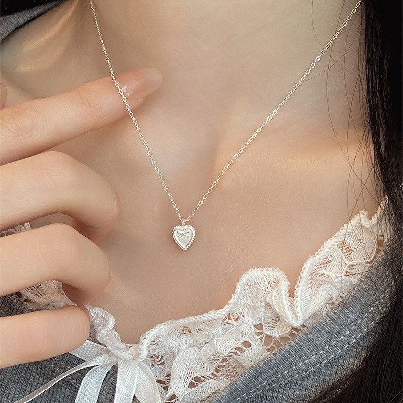 s925纯银爱心蝴蝶结项链女韩系ins风精致甜美百搭轻奢心形锁骨链