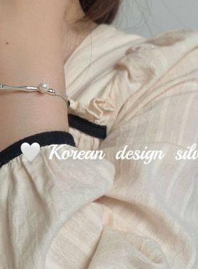 韩国东大门简约设计手饰品 S925纯银竹节珍珠手镯女叠戴百搭ins风