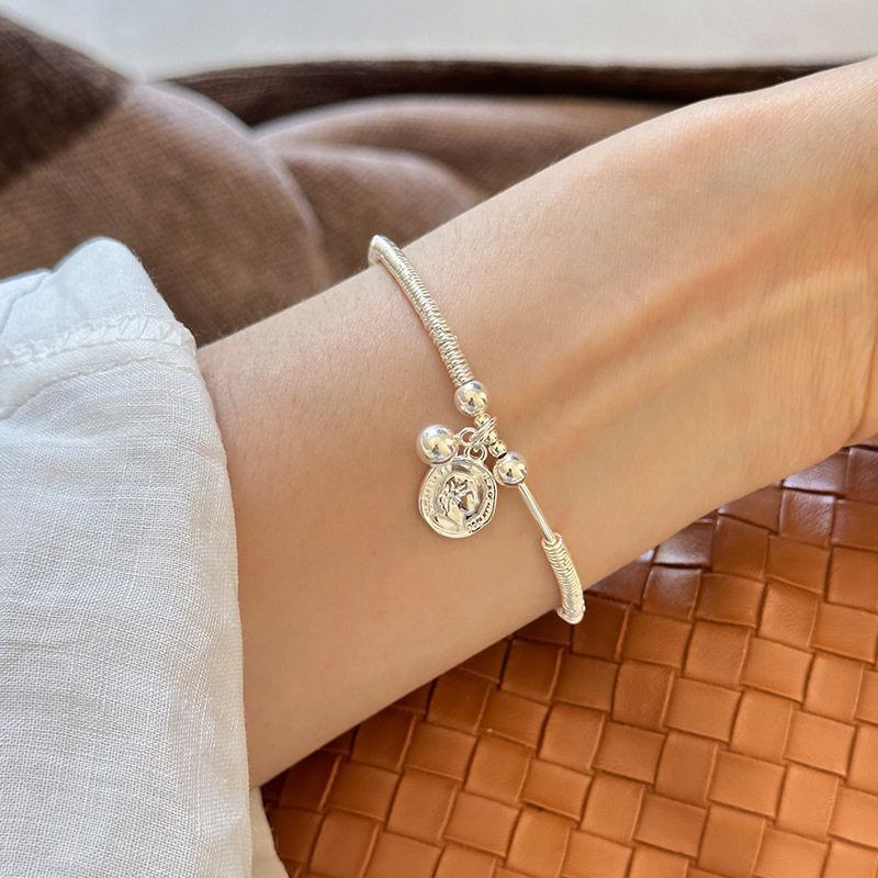 925纯银不规则圆牌人像圆珠银圈手链女简约手工设计串珠手环B3207