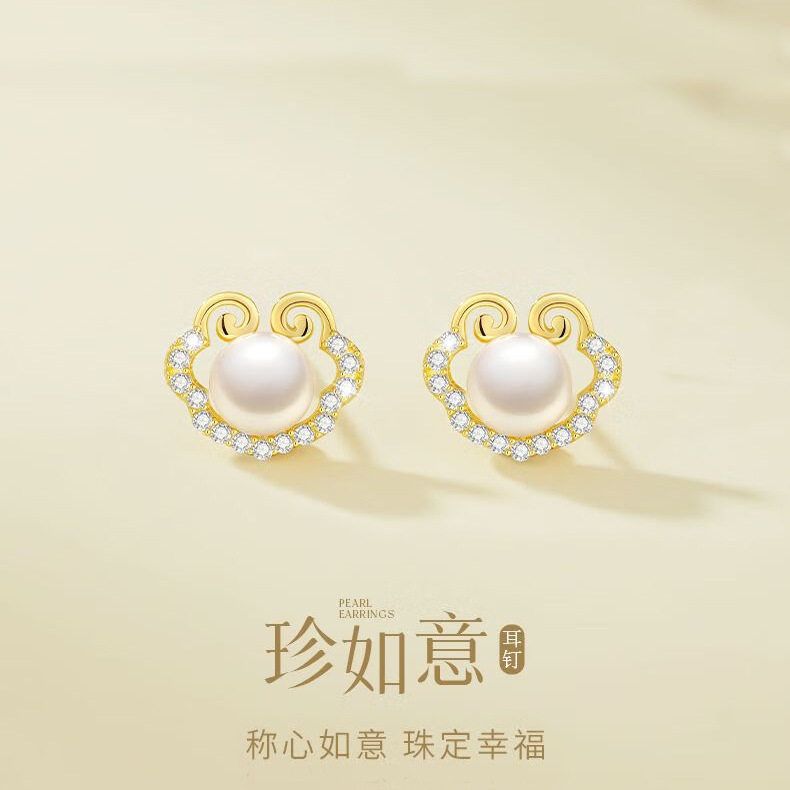 平安如意珍珠耳钉S925纯银小众轻奢国风耳饰高级感生日礼物送女友