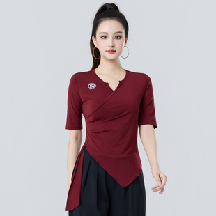 新款拉丁舞服装女成人v领中袖时尚不规则飘带上衣舞蹈跳舞练功服