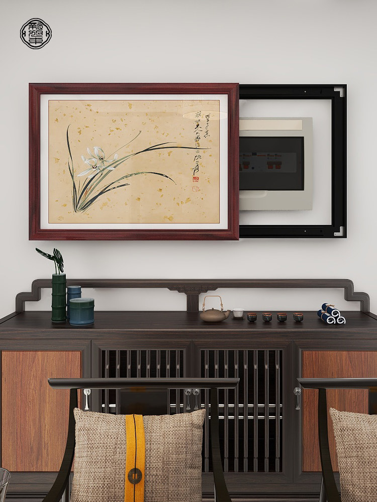 新中国风仪表箱装饰画无冲孔实木推拉挡配电箱电动大门餐厅兰花画