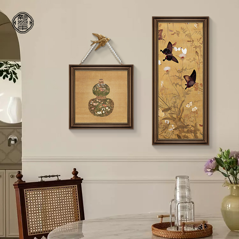 中古风餐厅装饰画免打孔高级感卧室床头挂画新中式复古组合壁画