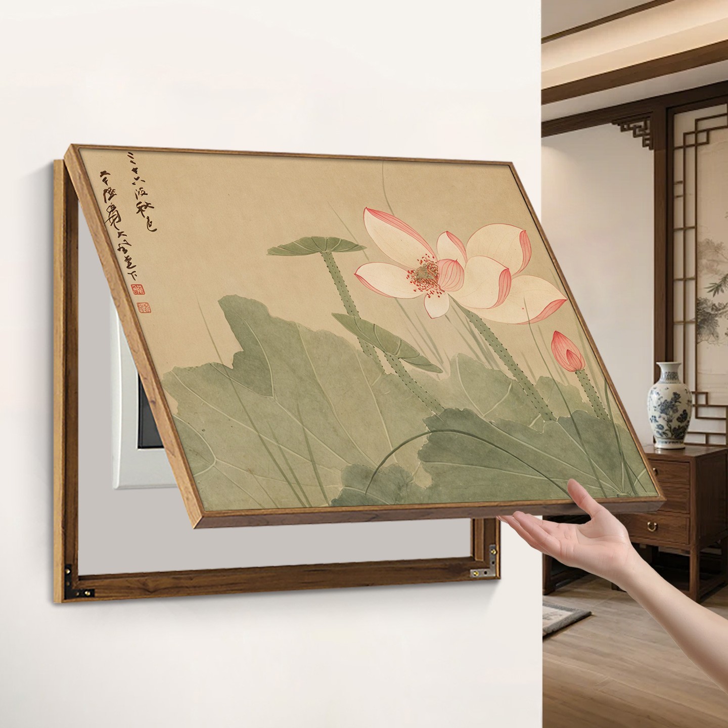 荷花电表箱装饰画宋代美学遮挡配电箱挂画免打孔禅意复古玄关壁画图片