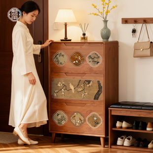 中古风入户实木鞋柜家用门口多层薄款玄关收纳柜一体靠墙翻斗超薄