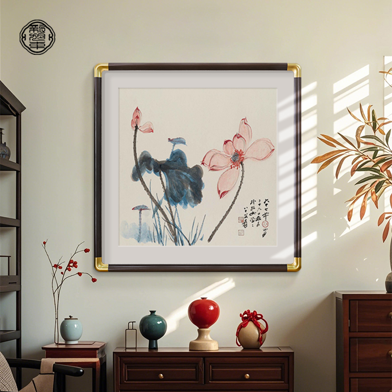 张大千荷花挂画新中式进门玄关装饰画走廊过道斗方水墨画餐厅壁画
