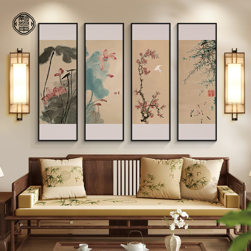 四条屏挂画新中式客厅沙发背景墙装饰画禅意茶室水墨荷花饭店壁画图片