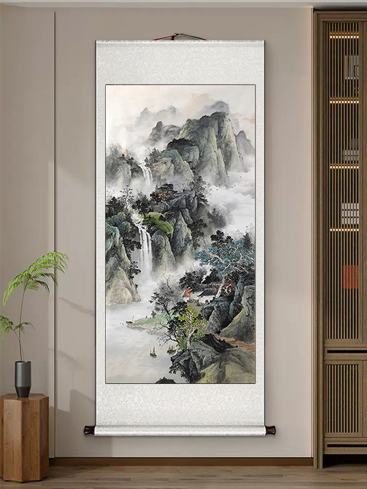 流水、财富、山水画、卷轴挂画、竖版、新中国风入口装饰画、正门