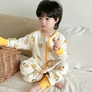 儿童连体睡衣夏季薄款纯棉双层纱布婴儿睡袋男宝宝夏天男童空调服