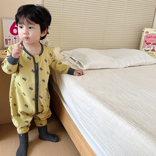 男童连体睡衣春秋款2025新款纯棉儿童男孩家居服秋季宝宝婴儿睡袋
