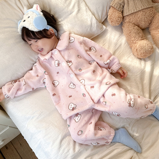 女童睡衣冬季家居服套装秋冬加绒儿童纽扣款宝宝睡觉加厚冬天保暖