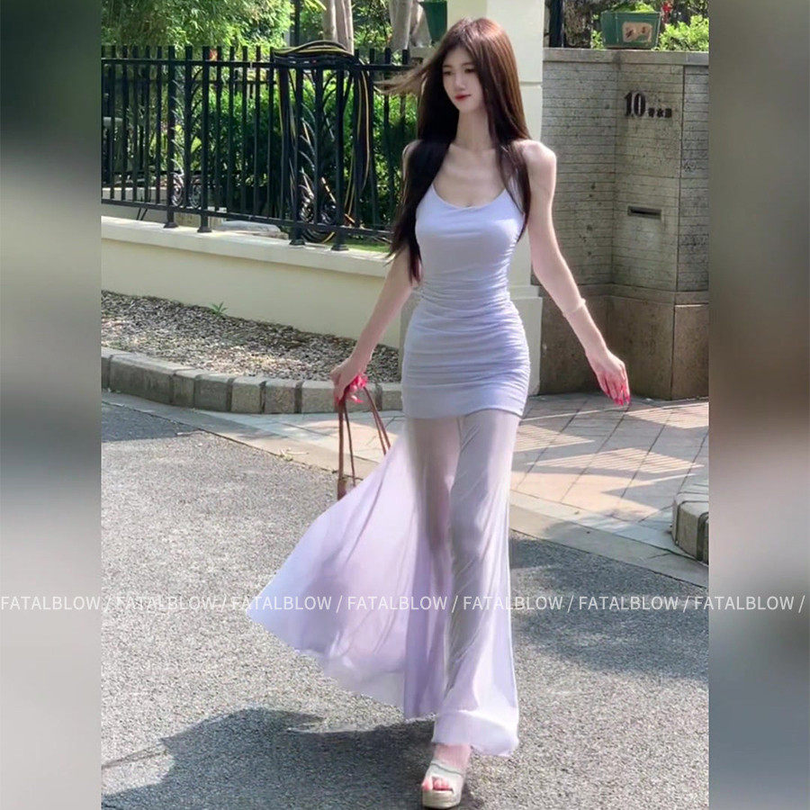 法式紫色网纱吊带洋装女夏季气质收腰绝美长裙子海边度假鱼尾裙