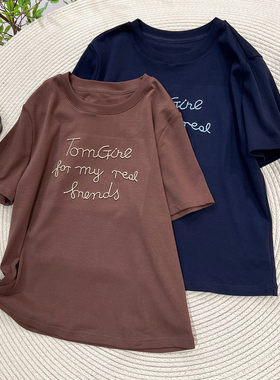 必魅-韩系2025年初秋新款美式复古撞色刺绣短袖T恤上衣58670