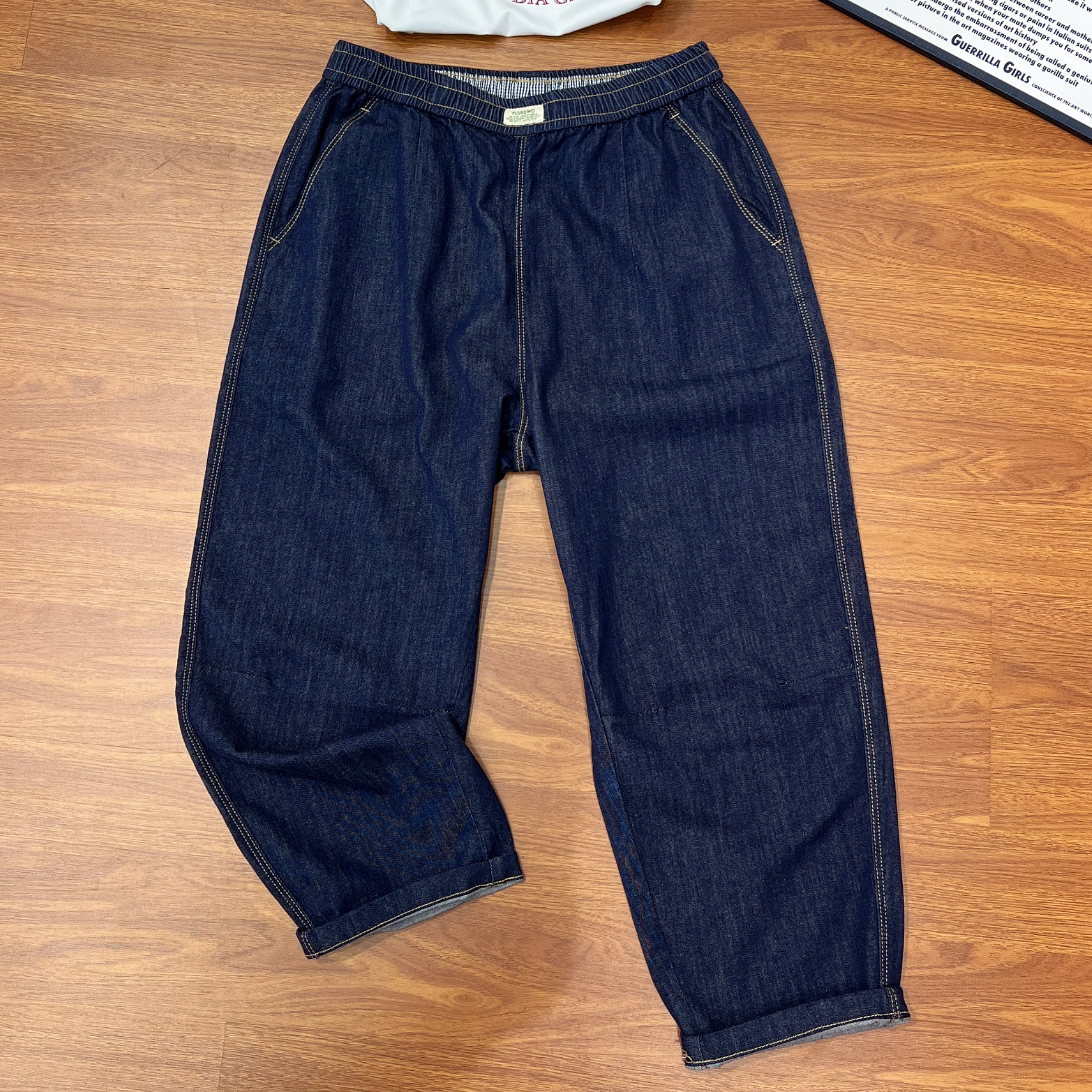 必魅-韩系水洗牛仔萝卜裤深蓝色显瘦百搭休闲松紧腰哈伦裤子20053