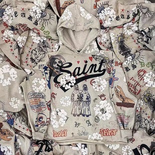 DENIM TEARS × SAINT Graffiti Ho重磅涂鸦洗水连帽套头连帽卫衣