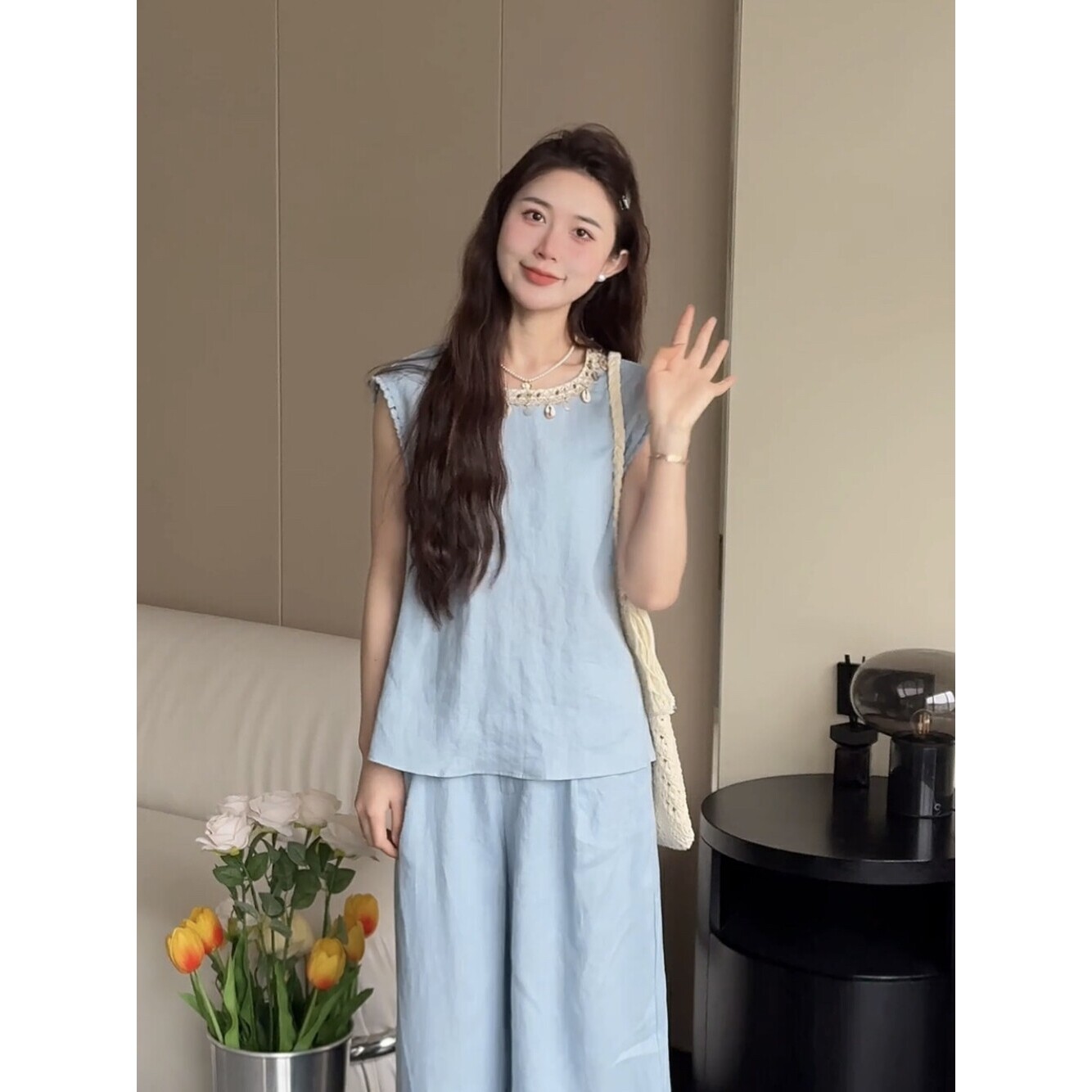 韩国东大门设计感马甲+松紧腰休闲阔腿裤两件套女2025夏新款套装