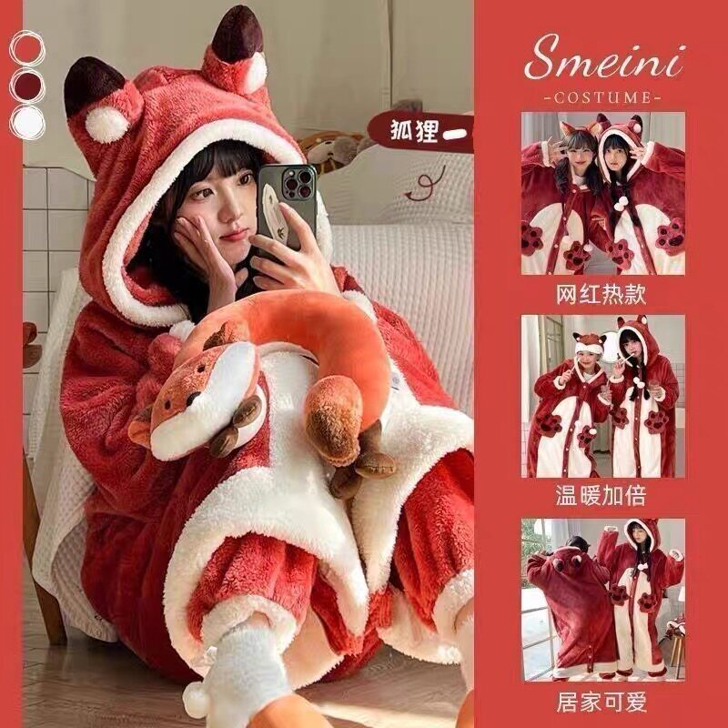可爱维尼熊连帽睡袍冬季女款加绒加厚大码珊瑚绒睡衣居家外穿睡裙