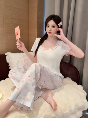 睡衣女短袖长裤甜美可爱风纯棉