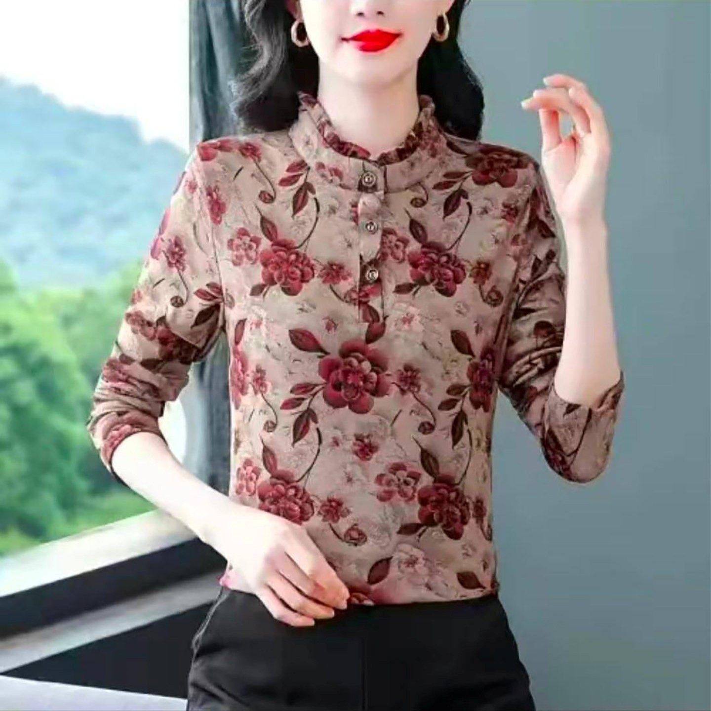 梦鲸好物女装加绒加厚花边领打底衫女士保暖上衣妈妈装长袖T恤衫