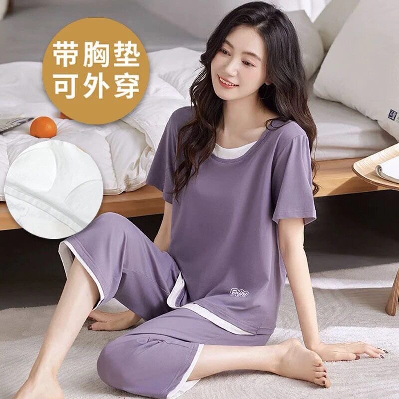 夏季莫代尔冰丝女睡衣套装胸垫