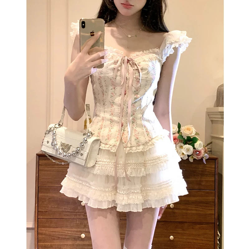 Strive/You Miko Micro Fat MM Pure Flower Flying Sleeve Sleeve Girl Xia Sweet Lace Cake Skirt Set
