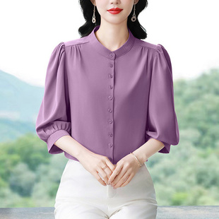 宽松休闲百搭七分袖 雪纺上衣妈妈夏装 桑蚕丝衬衣 女士中袖 真丝衬衫