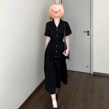 今年流行爆款黑色v领连衣裙子女夏装2025新款夏季高级感收腰长裙