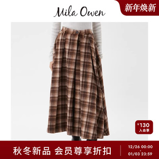 半身裙09WFS255077 百搭羊毛混纺高腰格纹长款 Mila Owen25秋冬新品