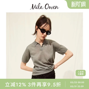 09WNT242156 V领POLO针织衫 Mila Owen春夏宽松落肩微透短袖