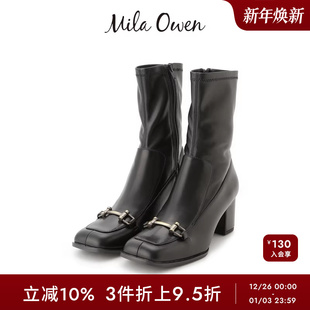 Mila 百搭金属扣方头粗高跟短靴09WGS245524 Owen秋冬时尚