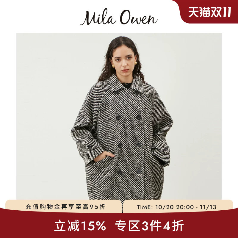 Mila Owen秋冬日系气质条纹双排扣翻领毛呢大衣09WFC245101