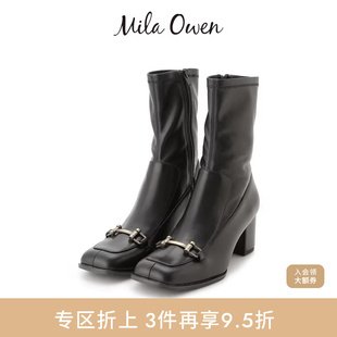 Mila 百搭金属扣方头粗高跟短靴09WGS245524 Owen秋冬时尚