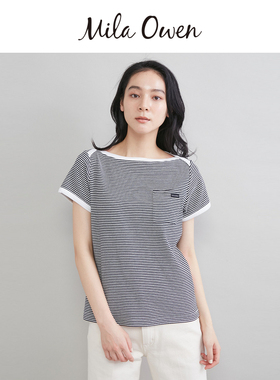 Mila Owen26春夏新品复古可爱镶边船型领条纹短袖T恤09WCT261038