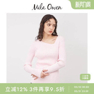 Mila 09WNT241087 Owen春夏休闲百搭纯色斜V领多巴胺罗纹针织衫