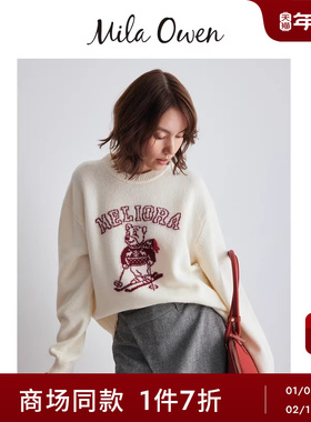Mila Owen25秋冬新品节日复古滑雪熊提花羊毛混纺毛衣09WNT255134
