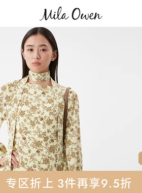Mila Owen25秋冬新品复古碎花泡泡袖船型领乔其纱衬衫09WFB255070