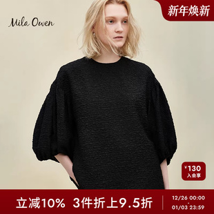 09WFT234110 衬衫 Mila Owen秋冬日系气质纹理感圆领泡泡袖