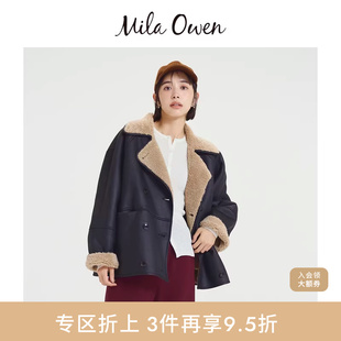 Owen秋冬羊羔毛拼接人造革麂皮翻领外套09WFJ255139 Mila