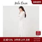 Mila Owen春夏简约优雅蕾丝镂空圆领抽褶连衣裙09WFO242125