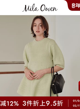 Mila Owen秋冬日系气质泡泡袖褶边七分袖针织衫09WNT244012