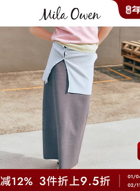 Mila Owen春夏简约百搭纯色高腰直筒开叉半身裙09WNS251066