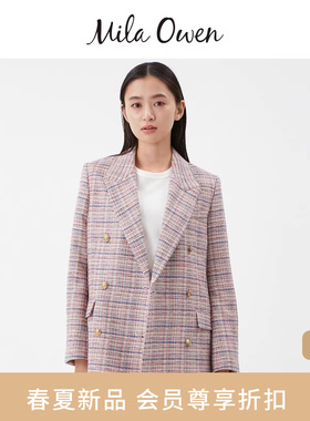 Mila Owen26春夏新品优雅百搭粗花呢长款金扣西装外套09WFJ261906