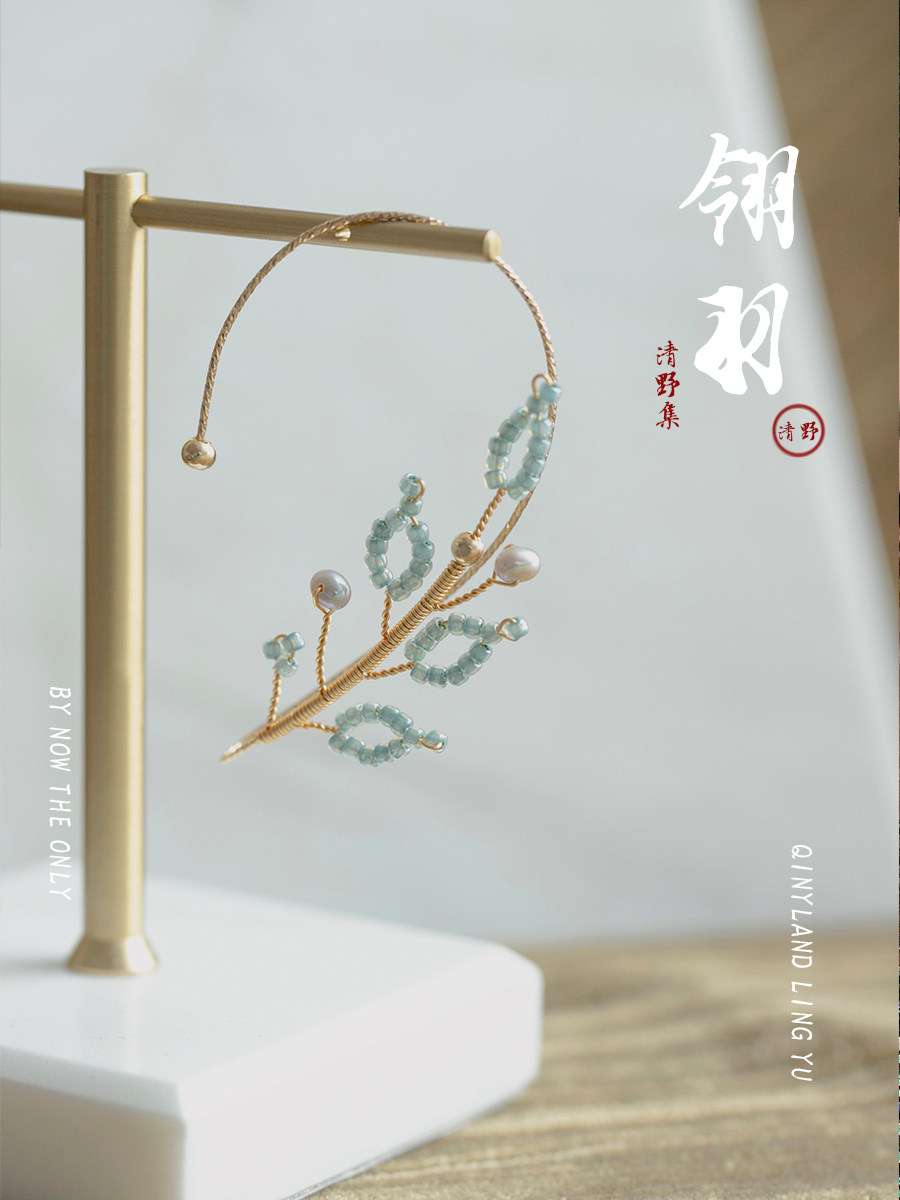 新款潮复古国风原创小众天然珍珠羽毛气质无耳洞耳夹耳挂14k包金