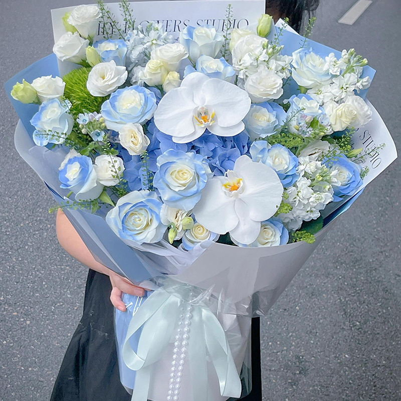 原创鲜花速递同城北京19朵碎冰蓝玫瑰花束花店白色龙胆生日配送花