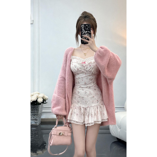 樱落甜梦 早秋原创设计纯欲风连衣裙毛衣两件套 R3879W