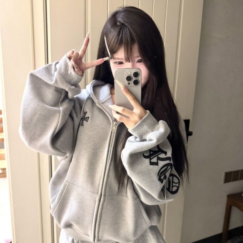 拉链开衫卫衣女2025年秋冬宽松慵懒风连帽oversize加绒上衣外套