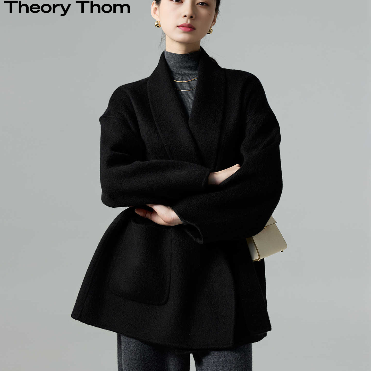 theory thom2025秋冬黑色短款系带双面羊绒大衣高端羊毛外套女