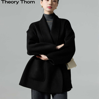 theory thom2025秋冬黑色短款系带双面羊绒大衣高端羊毛外套女